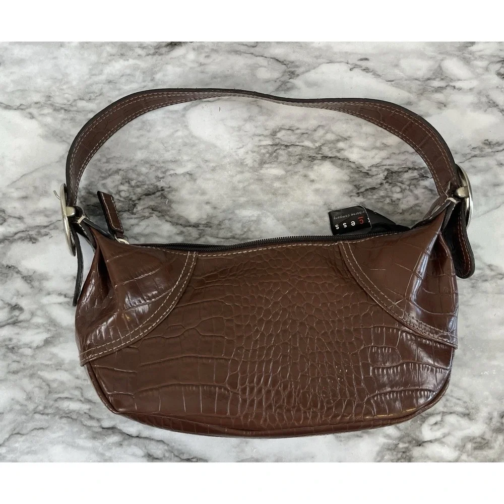 Axcess Croc Embossed Y2K Vtg Brown Shoulder Bag Buckle Zip